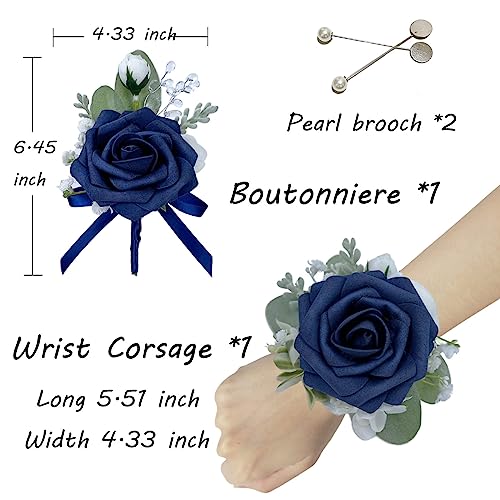 CherishedMoments Corsage and Boutonniere Set, Dark Blue Rose Handmade Artificial Flower Wrist Corsage and Groom Boutonniere for Seaside Wedding,Bridesmaid Hand Flower,Prom Suit Decorations - color: Dark Navy Blue
