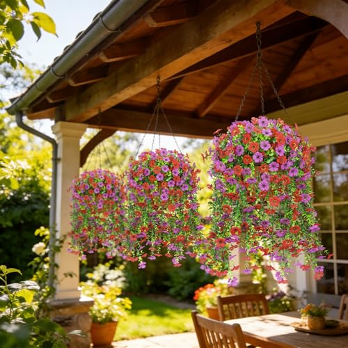 4 Pcs Artificial Hanging Flowers for Outdoor, Fake Silk Daisy Flowers Spring Summer Decoration UV Resistant Faux Plants for Planter Front Door Porch Patio Balcony Yard Decor, Red Purlple - color: Red Purlple