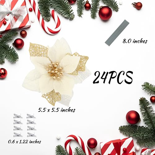SITUMEIZI 24 Pcs Gold Poinsettia Artificial Christmas Flowers 5.5" Glitter Poinsettias Christmas Tree Decoration Flower with Stems & Clips for Wreath Xmas Tree New Year Party Ornament Wedding - color: Gold