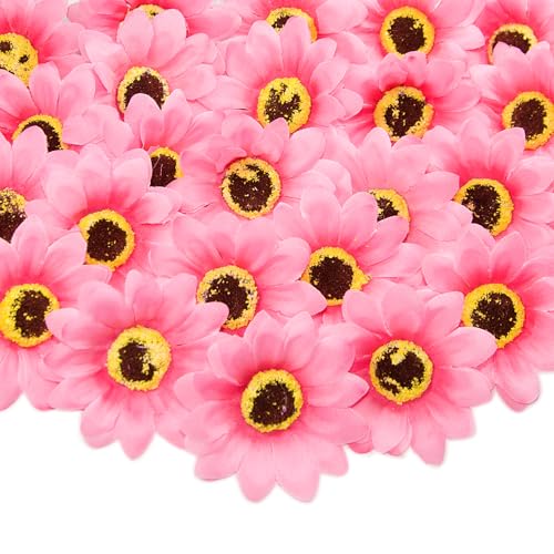 Pink Artificial Sunflower Heads Bulk, 50 Pcs Fake Sunflower Heads Fabric Flowers for Craft, 2.76 Inch Silk Sunflowers for Decorations, Bridal Shower, Farmhouse, Birthday Party - color: Pink