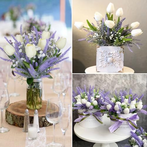 9PCS Artificial Flowers Purple Fake Plastic Lavender with White Tulips Floral Arrangements Summer Flowers for Decoration Home Kitchen Table Centerpiece Wedding - color: Purple