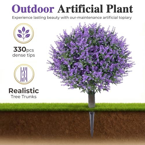 PATIO CHOICE Artificial Topiary Boxwood Ball Trees with Lavender Set of 2 22" Artificial Faux Plants Realistic Bushes Fake Shrubs Decorations for Outdoor Indoor Front Porch Garden - color: Lavender, size: 22in