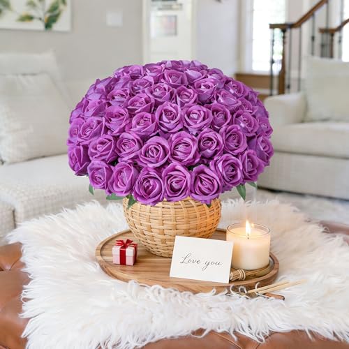 50 PCS Roses Artificial Flowers, Fake Roses with Stem Realistic Fuchsia Silk Roses for DIY Wedding Bouquets Table Centerpieces Arrangements Baby Shower Birthday Home Decor Valentine's Day Gift for Her - color: Fuchsia