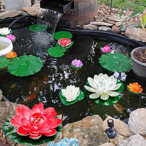 19pcs Realistic Floating Foam Lotus Flowers and Lotus Leaves, Artificial Lotus Flowers Water Lilies for Pond Pool, 4" and 6" Large Beautiful Lifelike Water Lilies for Fountain Garden Decoration - color: 19 Colourful