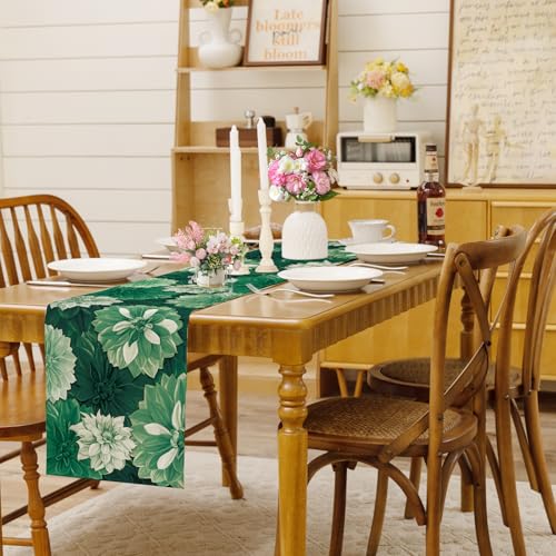 Deep Green Dahlia Flower Summer Table Runner Green Gray Burlap Table Runners, Spring Floral Seasonal Coffee Table Center Decor for Home Kitchen Dining Party Indoor Outdoor 13x108 Inch - color: Deep Green, size: 13" x 108", Table Runner