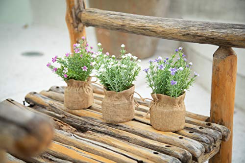Velener Babys Breath Artificial Flowers in Small Burlap Bag Vases 3Pcs -Gypsophila Faux Flowers Farmhouse Home Coffee Table Bookshelf Office Desk Decorations Kitchen Dining Room Fake Plants Indoor - color: White/Purple/Pink