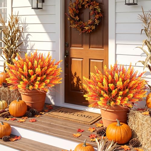 AmyHomie 16 Bundles Fall Orange Artificial Lavender Flowers with Monkey Grass, UV Resistant Faux Greenery for Outdoor Patio, Fall Planters, Autumn Garden, Farmhouse Decor & Thanksgiving Arrangements - color: Lavender Fall Orange, size: 16