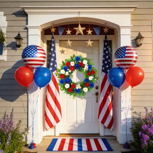 20 Inch Patriotic Wreath for Front Door, Red White Blue Flowers Wreaths with Silk Hydrangea, Daisy & Berry, USA 250th Anniversary Handmade Memorial Decorations, Americana for Porch Wall Window