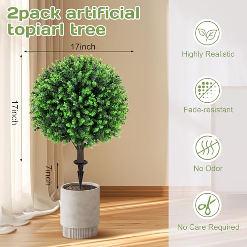 Artificial Green Eucalyptus Topiary Ball Tree 24" with Ground Spike, Set of 2 Artificial Boxwood Bushes for Faux Shrubs, Fake Evergreen Faux Plant for Indoor Outdoor Garden -UV Resistant–Fade-Proof - color: Green Eucalyptus