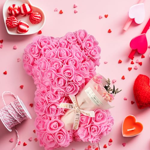 Mothers Day Rose Gifts for Mom Rose Bear Pink Teddy Bear Birthday Gifts for Women Wife Daughter Girlfriend,Flower Bear with Rose Bouquet and I Love You Necklace - color: Pink
