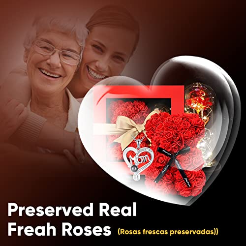 Gifts for Mom from Daughter and Son, Preserved Roses Flowers with I Love You Mom Grandmother Necklace - color: Red Mom