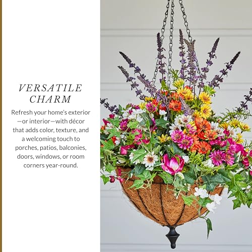 Balsam Hill Outdoor Meadow Spring & Summer Hanging Basket - 26" Premium UV-Protected Fake Outdoor Flowers for Porch, Patio, & Garden - color: Meadow