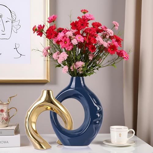 LCCCK Blue and Gold Ceramic Vases for Home Decor, Boho Vase for Flowers Pampas Grass Decorative, Navy Blue Hollow Donut Small Vase for Living Room Table Wedding Centerpiece Modern Vases - color: Blue and Gold