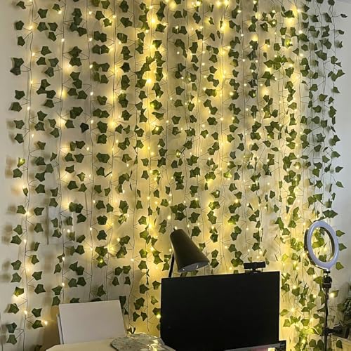 RECUTMS 118 Inches Plant Garland Hanging Vines with Lights LED Strings Artificial Ivy Fake Greenery Leaf Plants Faux Silk Green Leaves Plastic Flower for Party Room Patio Wall Bedroom Outdoor Decor - color: Green Light1