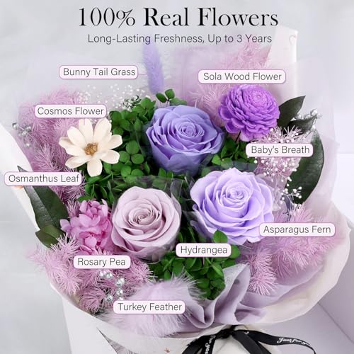 MAMAMIKO Preserved Flowers Bouquet - Forever Flowers for Delivery, Real Eternal Roses Bouquet, for Mom Grandma Wife, Anniversary Birthday Gifts for Women - color: Light Purple