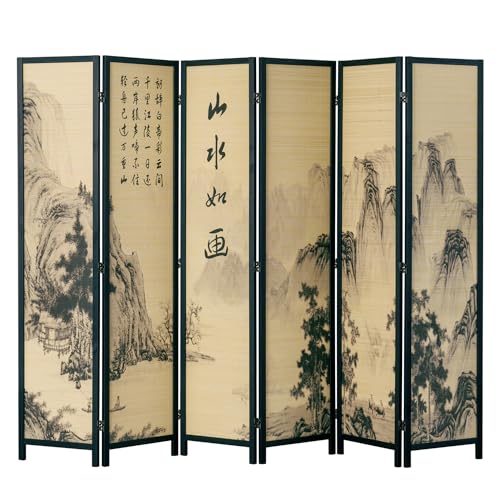 MyGift Decorative 6 Panel Folding Room Divider Bamboo Screen with Chinese Calligraphy Design, 6FT Freestanding Floral Artwork Room Partitioner with Black Wood Frame 94.5''W x 69''H - color: Black (Floral), size: 6 Panel