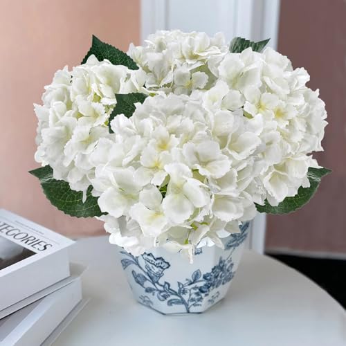 3PCS White Silk Hydrangea Artificial Flowers， Fake Flowers & Faux Floral Bulk Bouquet for Home Decor Bathroom Table Centerpiece Shelf Decorations (White) - color: White