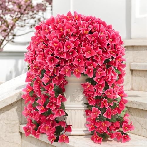 ATTGREAT Artificial Bougainvillea for Outdoors Faux Plants UV Resistant Flowers Fake Plastic Plants Realistic Silk Flowers for Porch Planter Garden Outside Hanging Decoration, 2Pcs (Rose Red) - color: Rose Red