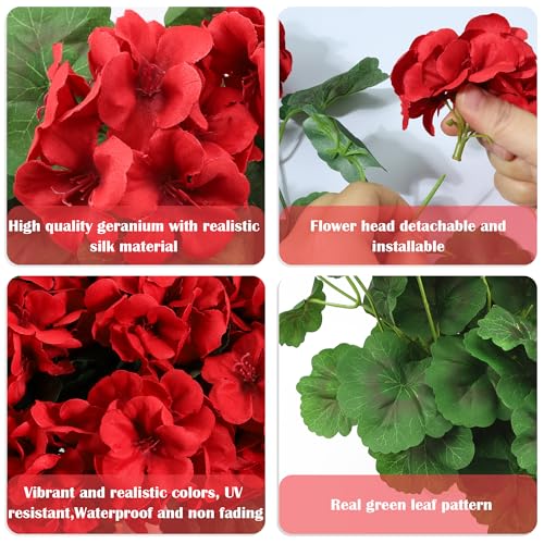 Geranium Artificial Flowers for Outdoors Spring UV Resistant Silk Geranium Red Fake Flower Outdoor Plants for Garden Home Porch Courtyard Window Box Decoration 4 Pcs - color: E - Red