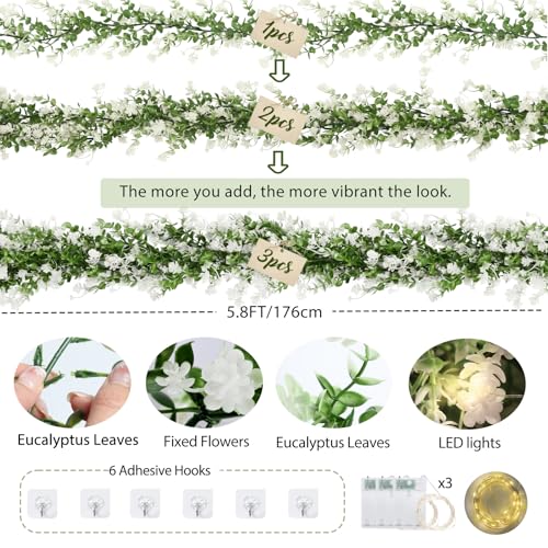 RECUTMS Greenery Vines Garland 3 Pack Artifical Garland with Lights Hanging Greenery Table Garland Greenery Artificial Green Leaves for Mantel Wedding Backdrop Arch Wall Indoor Outdoor Decor(White) - color: White With Lights