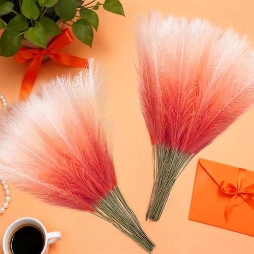 TORONTOKYO Burnt Orange Pampas Grass Fall Decor, 50Pcs 21.6 inch Artificial Faux Pompas Grass Small Fluffy Arrangement for Wedding Boho Home Autumn Decor Vase Filler - color: Orange, size: 21.6inch-50Pcs
