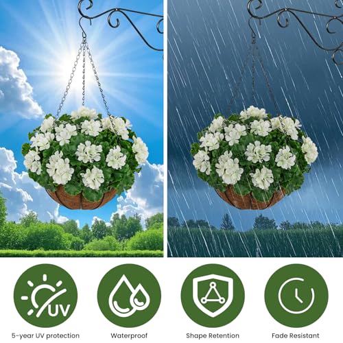 Artificial Geraniums for Outdoors with Hanging Basket, UV Resistant Realistic Artificial Geranium Outdoor Hanging Flowers Spring Porch Home Patio Balcony Yard Decoration, White - color: White, size: Medium