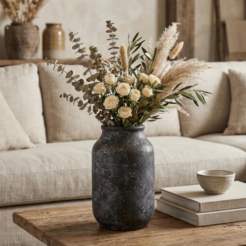Rustic Ceramic Vase, Terracotta Pottery Decorative Vase, Farmhouse Decor for Living Room, Home, Fireplace, Shelf Decor, 9 Inch, Bronze - color: Rustic Bronze