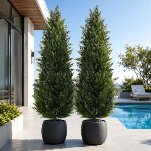 Artificial Topiary Cedar Trees 6FT Tall 2 Set, Outdoor Indoor Faux Pine Shrubs Plants, Realistic Fake Plants Front Porch Decor, Artificial Bushes Cypress for Home Front Door Offices - color: 2*pine Tree 6ft