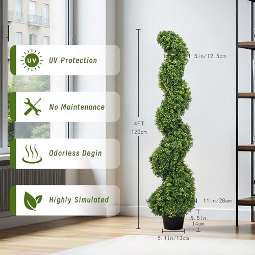 4ft Spiral Boxwood Topiary Trees Artificial Outdoor Set of 2 - UV Resistant Faux Plants for Outside Planters, 48" Fake Twisted Tree for Front Porch Decor - color: Milan Foliage, size: 4FT