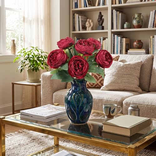 6PCS Peonies Artificial Flowers 19.7" Vintage Burgundy Faux Flowers Silk Fake Peony Flowers Stems for Wedding Bridal Bouquet Party Office Home Floral Arrangements (Burgundy) - color: Burgundy