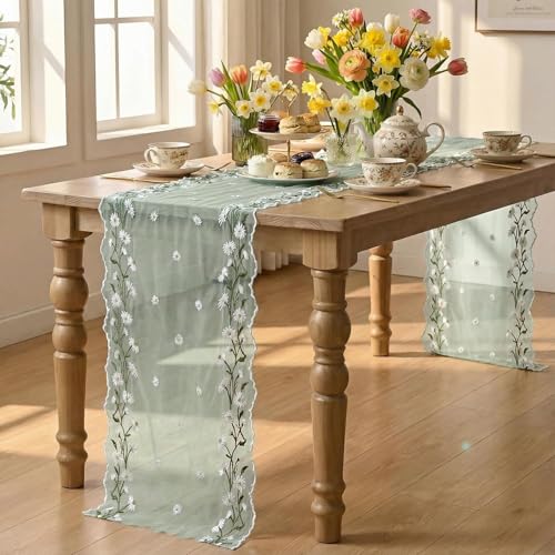 Artoid Mode Daisy Floral Sage Green Shaped Gauze Embroidery Table Runner 120 Inch 10FT, Tulle Spring Summer Kitchen Dining Table Decor for Home Party - color: Sage Green
