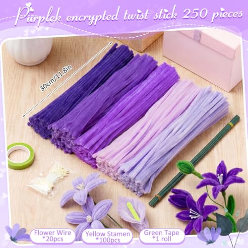 Peryiter 371 Pcs Pipe Cleaners Flowers Kit, Pipe Cleaners Chenille Stems Bulk with Floral Wire Gardening Tape Stamen, Fluffy Limpiapipas para Flores for DIY Mother's Day Decor(Purple) - color: Purple