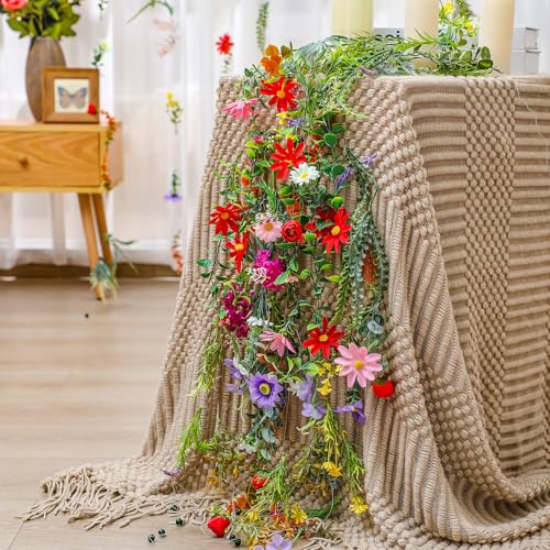 XunYee 6 Pcs 35.4 ft Flower Garlands Artificial Wildflower Vines Floral Hanging Backdrop Fake Flower Garlands Faux Silk Wildflower Vine for Wedding Bridal Shower Home Garden Wall Arch Decor(Spring) - style: Wildflower