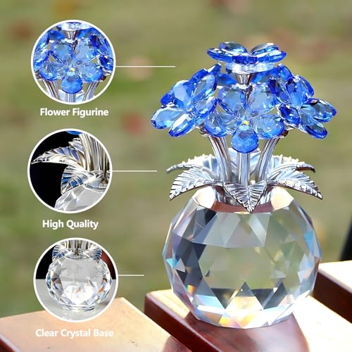Blue Crystal Flower Glass Gifts for Sister Girlfriend Women Girl Wife,Crystal Flowers Bouquet Collectible for Wedding Anniversary Mom from Daughter Son (Blue Flower 02) - color: Blue