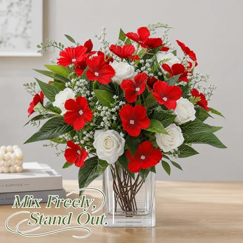 Roberly 6 Bundles Artificial Flowers for Outdoors, Faux Silk Catharanthus Roseus Flowers Bouquet Fake Greenery Plant for Spring Summer Garden Patio Porch Window Box Table Home Decor, Red - color: Red