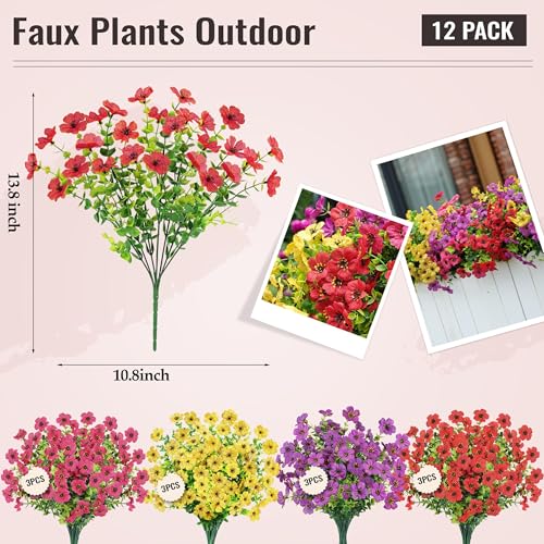 Der Rose 12 Bundles Artificial Flowers for Outdoors Fake Flowers Plants Spring Summer Decoration UV Resistant for Outside Home Porch Patio Garden Decor - color: Yellow / Red / Purple / Rose Red