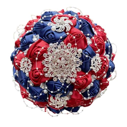Bridal Wedding Bouquet with Silver Rhinestones Brooch Pearl Bouquet for Bride Bridesmaid Quinceanera Artificial Satin Rose Flower Bouquet Wedding Burgundy and Navy Blue 9.5in - color: Burgundy & Navy, size: Diameter: 9.5 inches