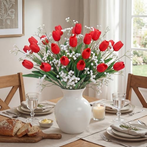 Hotop 30pcs 24 Inch Tulips Artificial Flowers Mother's Day Fake Tulip Fake Baby's Breath Flower Artificial Flower Decorations Bouquet for Home, Wedding, DIY Gift Party(Red, White) - color: Red,white