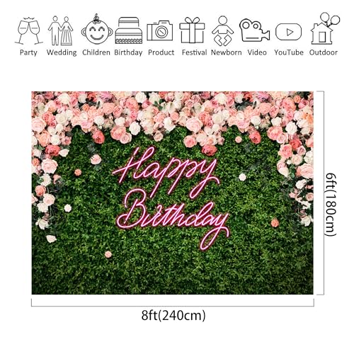 Riyidecor Green Leaves Happy Birthday Backdrop Polyester Fabric Neon Pink Floral Rose Flower Blossom Botanical Plant Nature 8Wx6H Feet Girls Women Photography Background Birthday Photo Studio Shoot - color: A-Birthday （Green Rose）, size: 8Wx6H