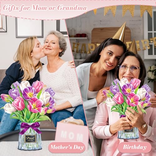 Airpark Pop Up Flower Bouquet Card for Women, 3D Floral Greeting Card with Envelope and Note, Birthday Thank You Thinking of You Get Well Gift for Mom Friend Wife Teacher, Tulip - style: Tulips