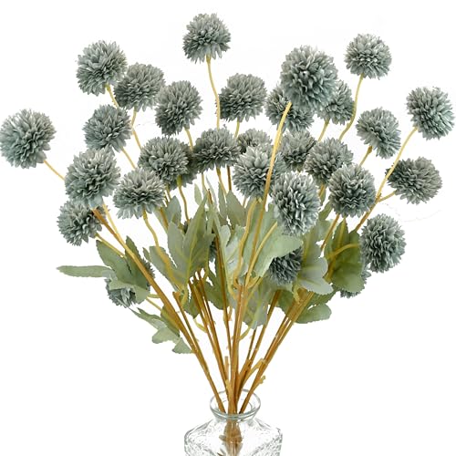 Mandy's 6 Stems Silk Dusty Blue Kiku Ball Flowers | Artificial Chrysanthemum Stems for Home Summer Décor Realistic Faux Floral Arrangement Minimalist Elegant Style - color: Dusty Blue
