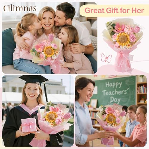 Crochet Flower Bouquet,Pink Knitted Flowers, Handmade Sunflowers Tulips Roses Bouquet for Birthday Anniversary Party Mother's Day Graduation Gifts - color: Pink