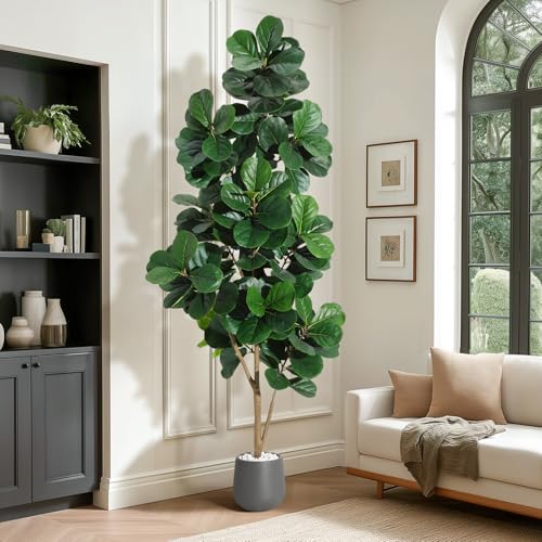 7 ft Fiddle Leaf Fig Tree Artificial with 141 Leaves - Realistic Faux Ficus Lyrata Trees in 9 in Grey Planter Pot, Indoor Fake Floor Plants for Home Office Living Room Decor, Housewarming Gift - color: With Black Planter, size: 7ft