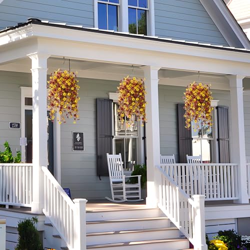 Homsunny Fall Artificial Faux Mums Hanging Flowers Plants Basket for Outdoor Decoration,Fake Silk Daisy planters UV Resistant Look Real for Home Porch Patio Balcony Yard Autumn Decor (Yellow Brown) - color: Yellow Brown
