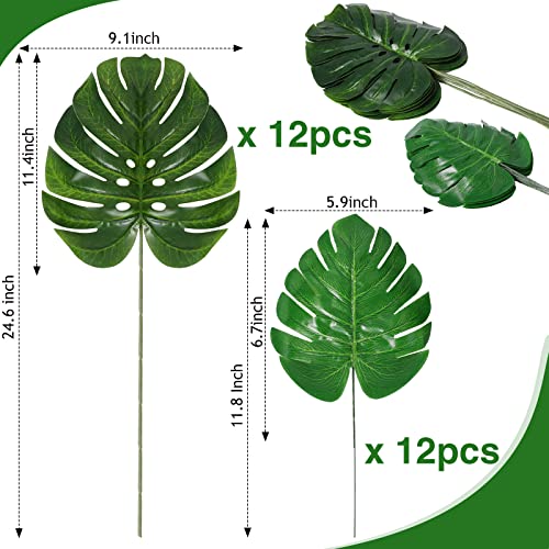 Zeyune 24 Pcs Artificial Palm Leaves Bulk with Faux Stems Large Fake Monstera Leaf for Palm Sunday Wedding Artificial Turtle Leaf Tropical Greenery Plant UV Resistant Hawaiian Jungle Party