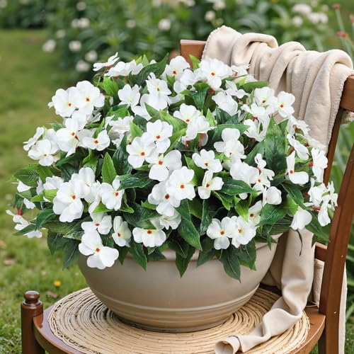 Ouddy Decor 6 Bundles Artificial Impatiens Flowers for Outdoors Decoration, Silk Flowers Bouquet Fake Plants UV Resistant for Spring Summer Garden Porch Window Box Balcony Home Decor, White - color: White