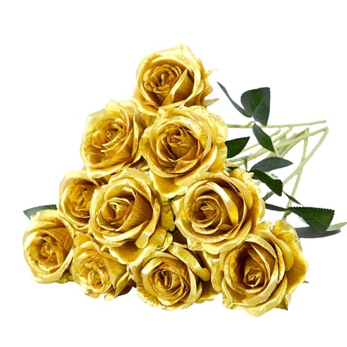 10 Pcs Gold Rose Artificial Flower, Faux Silk Flowers With Long Stems, Fake Roses Bulk Bouquet for Decoration Valentine's Day Centerpieces Proposal Bridal Bouquets Shower Party Home Floral Decor - color: Gold