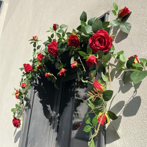 5.9FT Bendable Rose Flower Garlands, Artificial Silk Wild Roses Vine Hanging Flowers for Wall Fireplace Fence Table centerpieces Trellis Wedding Indoor Outdoor Spring Decor (Red, 2) - color: Red, size: 2