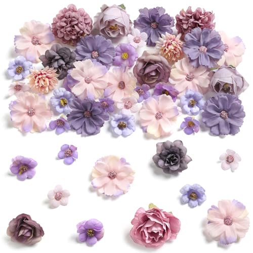 rongflower Faux Flower Heads Small Silk Artificial Flower DIY Fake Mini Flowers Rose Daisy Multicolor Flowers Craft Supplies for Wedding Party Wreath Graduation Season Party Home Decor (45, Purple) - color: Purple