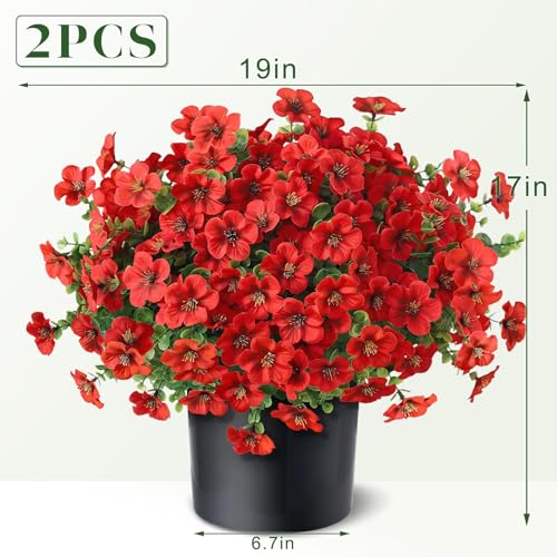 2 Set of Artificial Morning Glory & Eucalyptus Topiary Trees - Faux Silk Flower Potted Plants, UV-Resistant Fake Outdoor Morning Glory Bushes for Front Door, Yard, Farmhouse, Garden Decor (Red) - color: Red